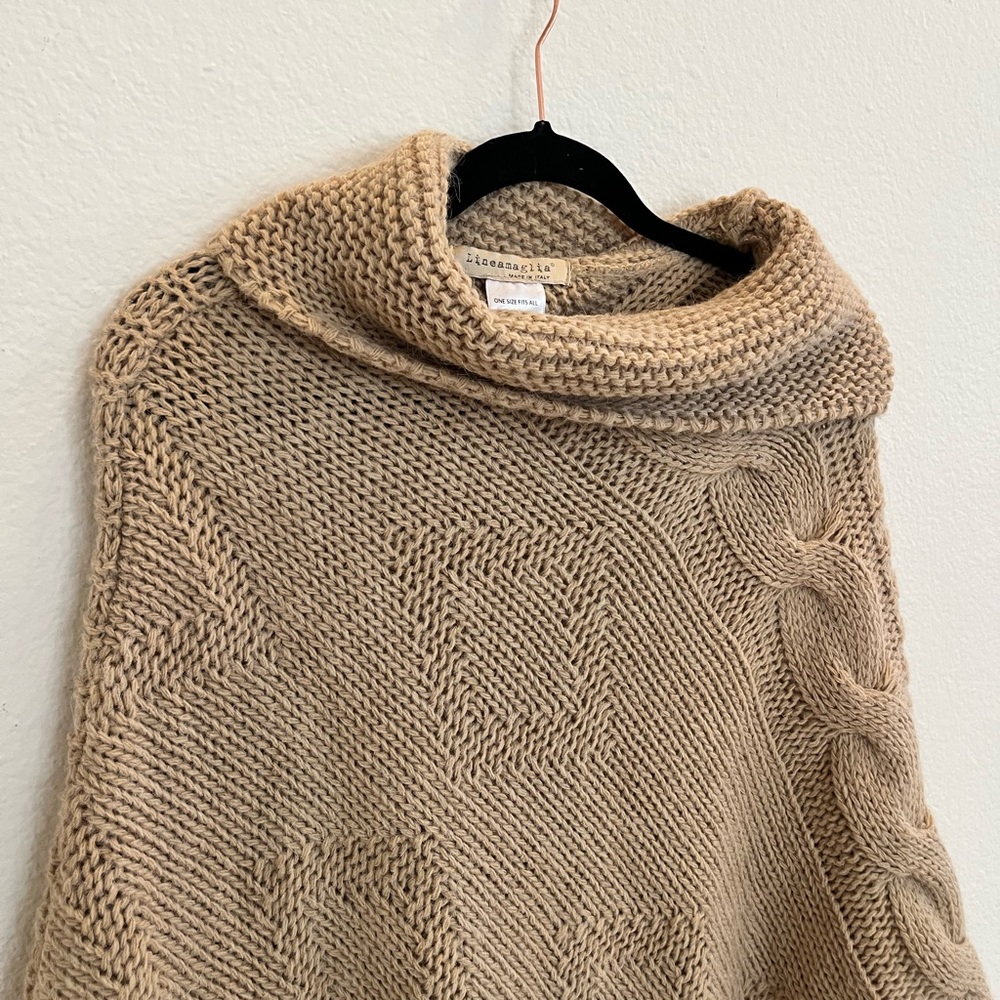 Luxury‎ Neutral Cable Knit Poncho Alpaca Blend Cowl Neck Cozy Spring Layering - Picture 5 of 11